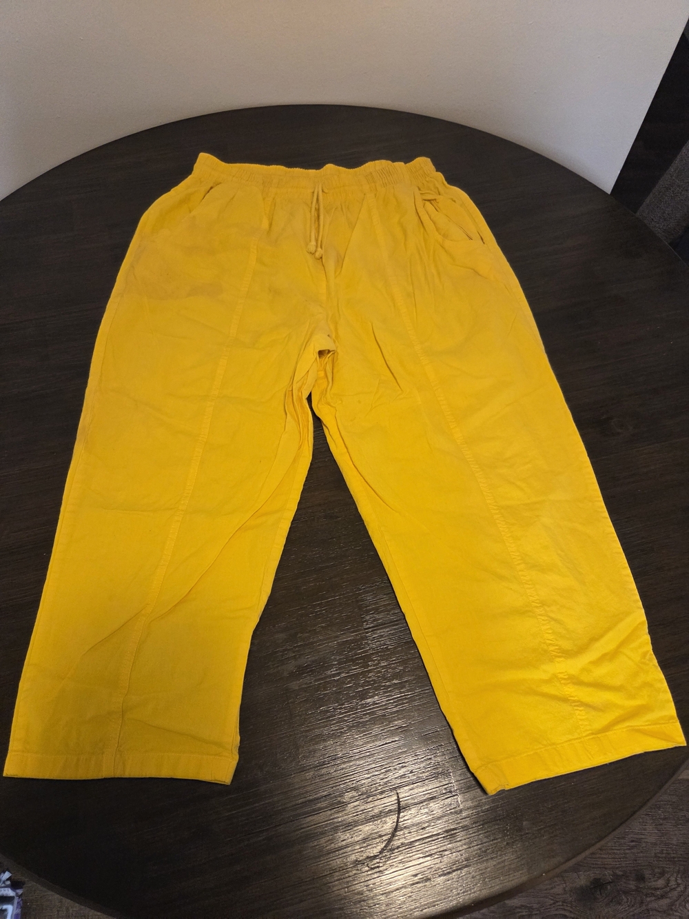 Yellow Drawstring Elastic Waist Wide Leg Cropped Pants Casual Loungewear Small